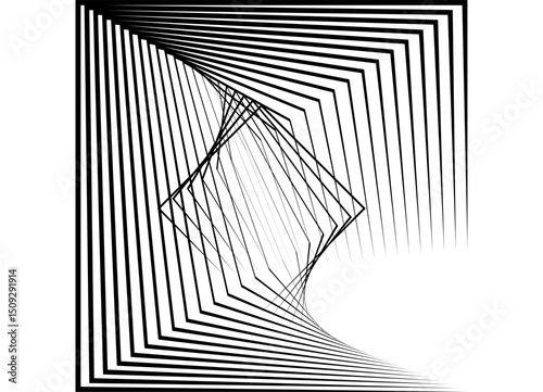 Abstract Vector dynamic pattern of twisted rectangular shapes. Design element of thin black lines on white. Vector background for covers, packaging, ads, posters, banners. Geometric illusion