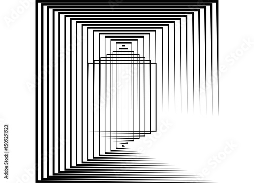 Vector dynamic pattern of twisted rectangular shapes. Abstract design element of thin black lines on white. Vector background for covers, packaging, ads, posters, banners. Geometric illusion