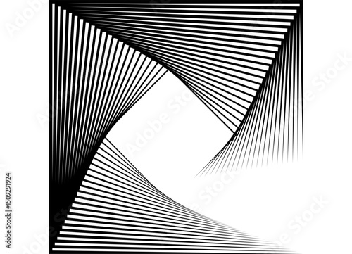 Vector dynamic pattern of swirling square shapes. Abstract design element of thin black lines on white. Tunnel. Vector background for covers, packaging, ads, posters, banners. Geometric illusion. Tile