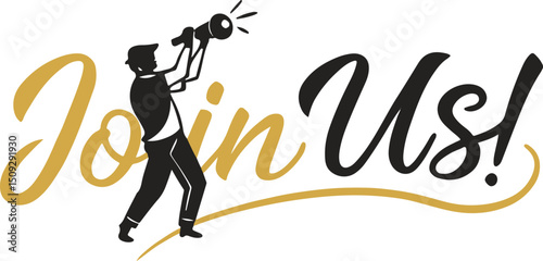 Join Us!, dancing figure, silhouette, dynamic pose, calligraphic lettering, stylized elements, vibrant colors, abstract composition, energetic movement
