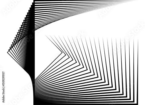 Vector dynamic pattern of flowing square shapes. Abstract swirling design element of thin black lines on white. Tunnel. Vector background for covers, packaging, ads, posters, banners. Geometric illusi