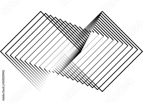 Vector dynamic pattern of flowing square shapes. Abstract swirling design element of thin black lines on white. Vector background for covers, packaging, ads, posters, banners. Geometric illusion.