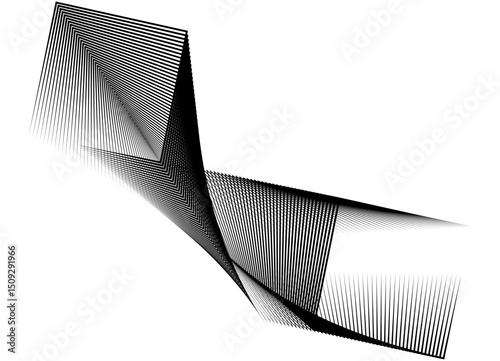 Volumetric Vector dynamic pattern of twisted rectangular shapes. Design element of thin black lines on white. Vector background for covers, packaging, ads, posters, banners. Geometric illusion