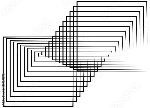 Vector dynamic pattern of flowing square shapes. Abstract design element of thin black lines on white. Vector background for covers, packaging, ads, posters, banners. Illusion composition.