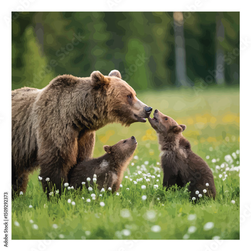 Brown bear, Ursus arctos, mother with two cubs on green meadow with copy space. Wide panoramic banner of wild mammal with her lovely offspring. Animal wildlife in summer ..
