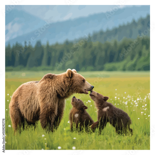 Brown bear, Ursus arctos, mother with two cubs on green meadow with copy space. Wide panoramic banner of wild mammal with her lovely offspring. Animal wildlife in summer ..