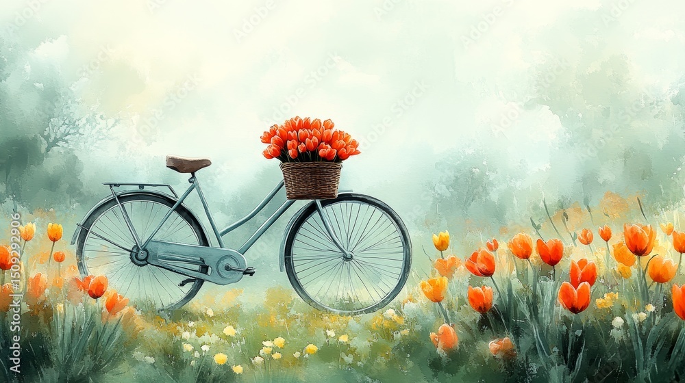 Fototapeta premium A whimsical bicycle with a tulip-filled basket