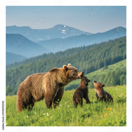 Brown bear, Ursus arctos, mother with two cubs on green meadow with copy space. Wide panoramic banner of wild mammal with her lovely offspring. Animal wildlife in summer ..