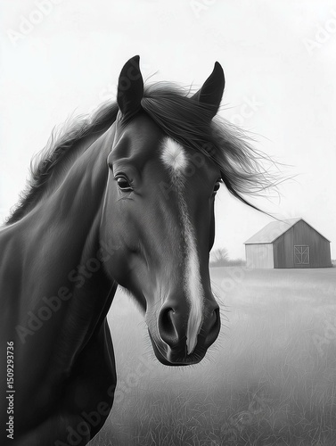 Black and white portrait of a horse in a field. the horse is facing towards the right side of the image, with its head turned slightly to the left.