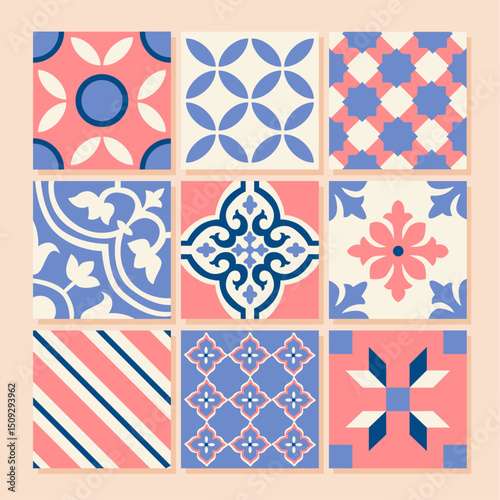 Mediterranean blue and pink abstract geometric pattern. Floral arabesque. Italian, portuguese, spanish, moroccan tiles background. Wall and floor interior design. Mosaic. Vector. 