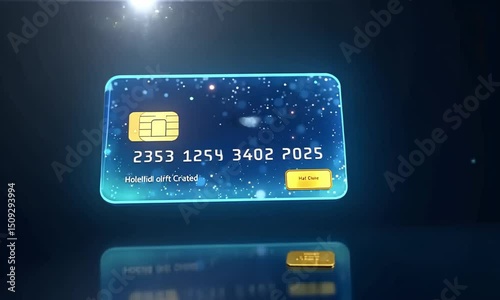 Holographic Credit Card Icon with Animated Numbers and Glowing Swipe Trail, Floating in a Dark Fintech Interface Environment

