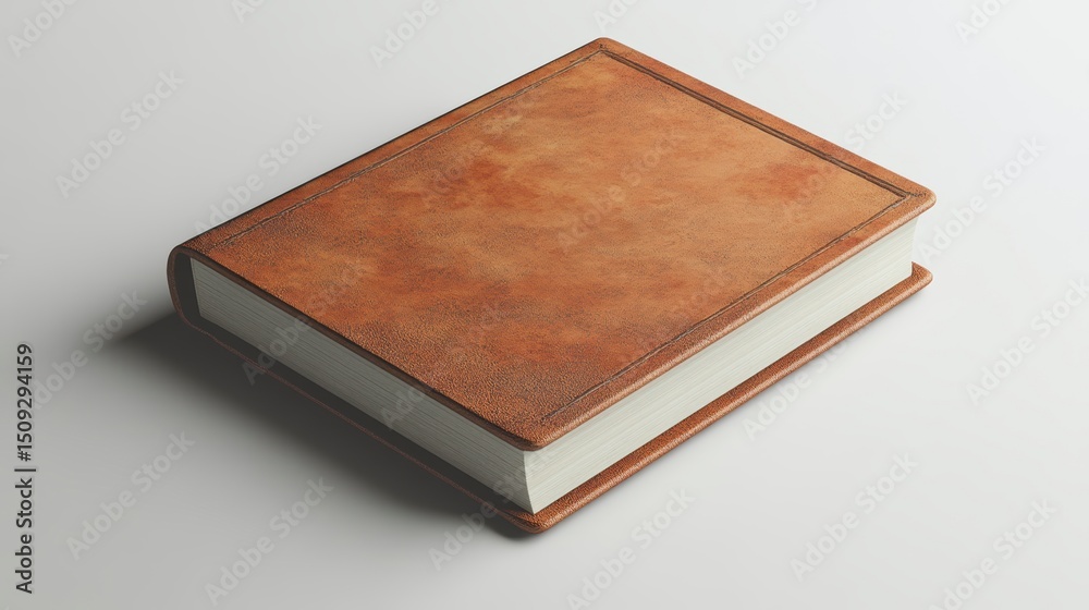 A closed hardcover book with a brown leather cover and off-white pages, shot from a high angle on a white background. A closed hardcover book with a brown leather cover and off-white pages, shot from a high angle on a white background.