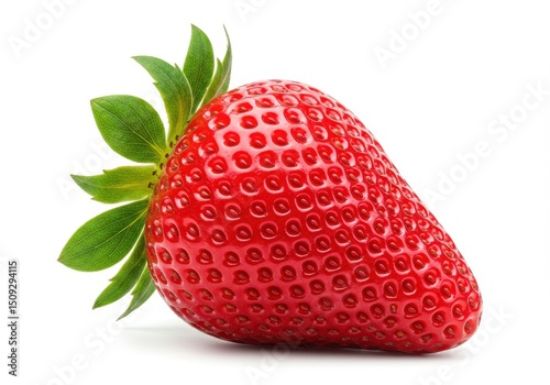 A single strawberry with green leaves attached isolated on a plain white background close up view