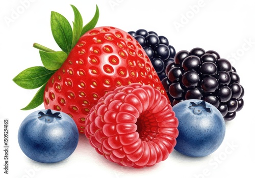 A close up of a vibrant assortment of fresh berries including strawberry raspberry blueberry and blackberry