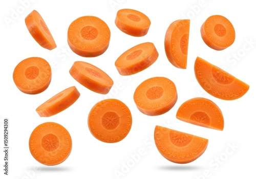 Isolated carrot slices and wedges floating in the air against a plain white studio background shot close up