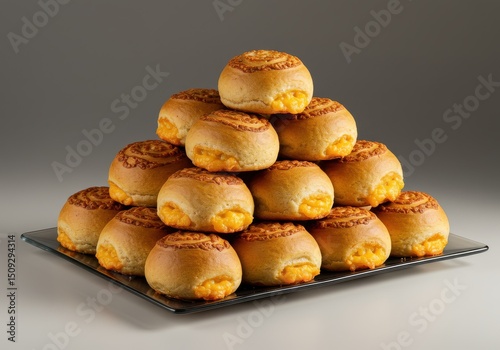 A pyramid of cheese rolls on a square glass plate against a gray gradient background in a studio shot