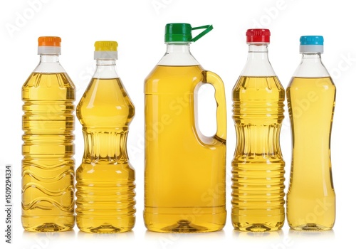 Five bottles of cooking oil with different colored caps arranged on a white surface in a studio shot