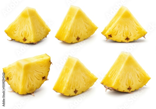Six pineapple wedges arranged in two rows on a white background showing the juicy yellow flesh