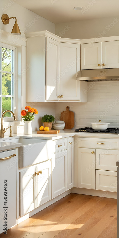 Fototapeta premium A lavish kitchen with white cabinets, quartz countertops, and a farmhouse sink, decorated with fresh flowers on a bright spring morning.