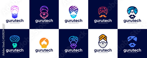 education logo collection with indian teacher character, digital technology services, graphic design template.