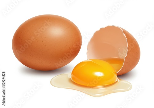 A whole brown egg and a cracked egg with yolk on a white background in a studio setting