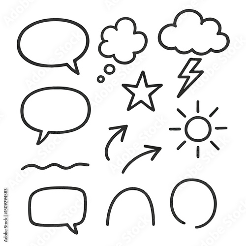 crayon draw icon set, simple black and white illustration, minimalist style, hand drawn look, basic shapes and symbols, speech bubbles, thought bubbles, clouds, sun, arrows, stars