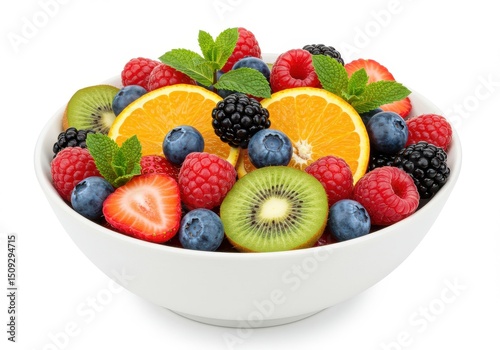 A white bowl filled with assorted fresh fruits including strawberries, kiwi, orange slices and berries