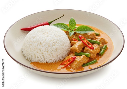 Close up of a plate with rice, red curry, green beans, and red chili pepper on a white background