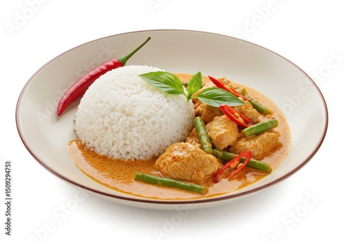 A plate of thai red curry with chicken green beans rice and chili pepper on a white background