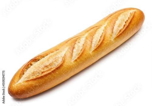 A single golden brown baguette with diagonal cuts on a white background in a studio shot view