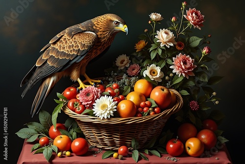 Baroque-style of majestic hawk on basket filled with flowers, fruits, plants, eagle. photo