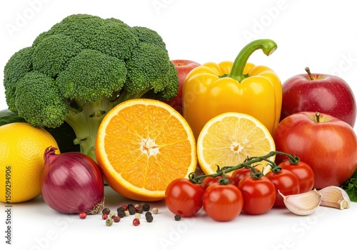 A colorful assortment of fresh fruits and vegetables arranged on a white surface in a studio setting
