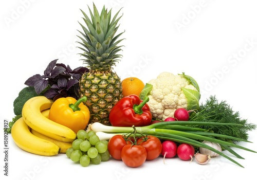 Assortment of fresh fruits and vegetables including pineapple bananas peppers tomatoes and cauliflower