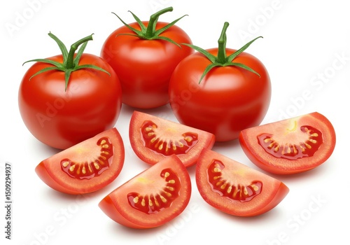 Three whole tomatoes and five tomato slices arranged on a white surface in a studio setting