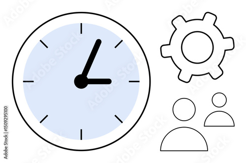 Clock showing time, gear symbolizing processes, and two people icons suggesting teamwork. Ideal for planning, collaboration, productivity, organization, time tracking workflow strategy. Flat simple