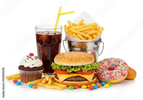 An assortment of junk food including a burger, fries, soda, donut, and cupcake on a white surface