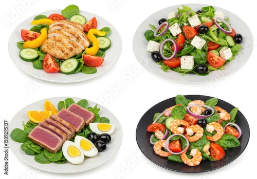 Four plates of different salads with chicken tuna feta and shrimp on a white background