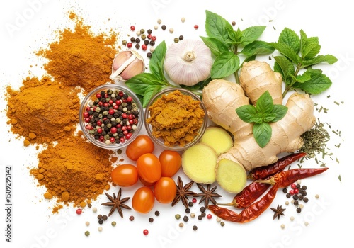 A vibrant assortment of spices and fresh ingredients displayed on a white background surface top view