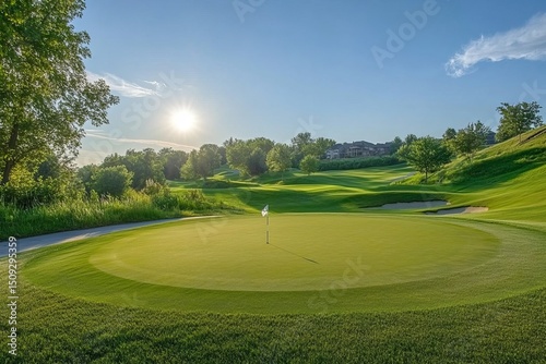 A resort golf course provides the setting for a golf cart, placed on a field of green grass with a blue sky above, offering ample space to insert a banner for sports