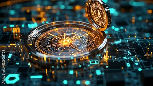 Digital compass with Bitcoin symbol, circuit board background, guiding investment direction