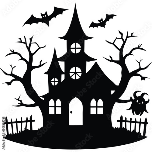 Silhouette illustration of a spooky haunted house with bats and halloween decorations