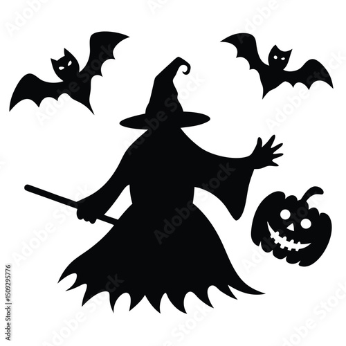 Silhouette illustration of a witch with bats and a smiling jack o lantern for halloween