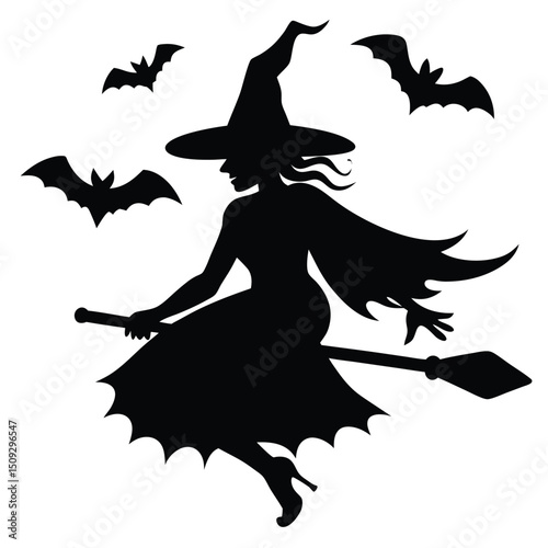 Silhouette of a witch flying on a broomstick with bats for halloween celebration