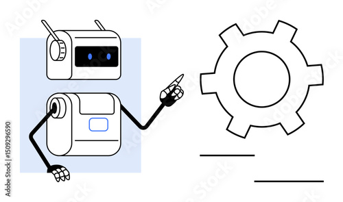 Robot with antennae pointing at a gear to symbolize technology, automation, and problem-solving. Ideal for technology, engineering, mechanics, automation, innovation, AI and simple landing page
