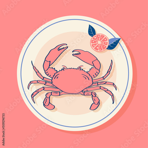 Illustration of crab on white and blue plate on pink background. Retro print for picnic, restaurant, cafe, seafood shop