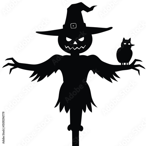 Silhouetted halloween scarecrow with owl sitting on its arm in black and white