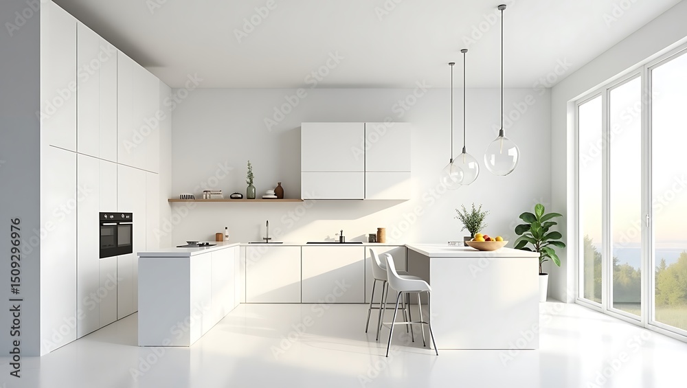 Fototapeta premium Minimalist kitchen interior design with bright light and clean architecture