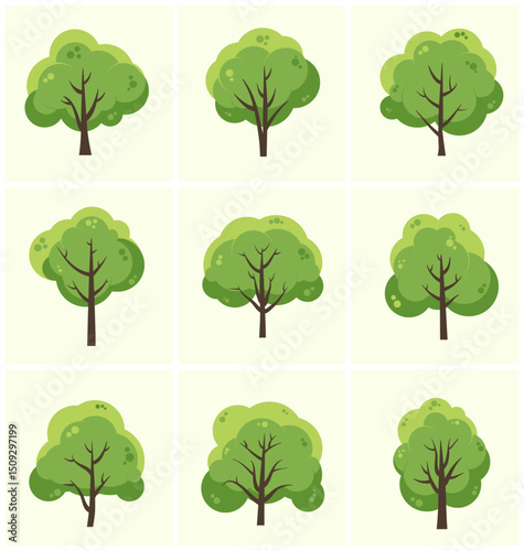 Set of Cartoon Tree Icons – Flat Green Tree Illustrations in Vector Style