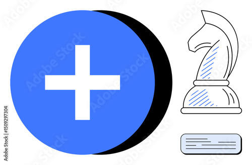 Blue circle with plus sign, chess knight symbolizing strategy, and horizontal bar. Ideal for growth, planning, leadership, decision-making, strategy innovation teamwork. Flat simple metaphor