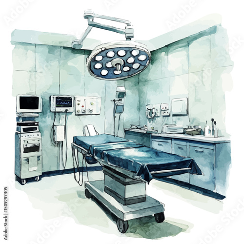 Operating Room, watercolor painting vector, high quality, isolated on a white background.